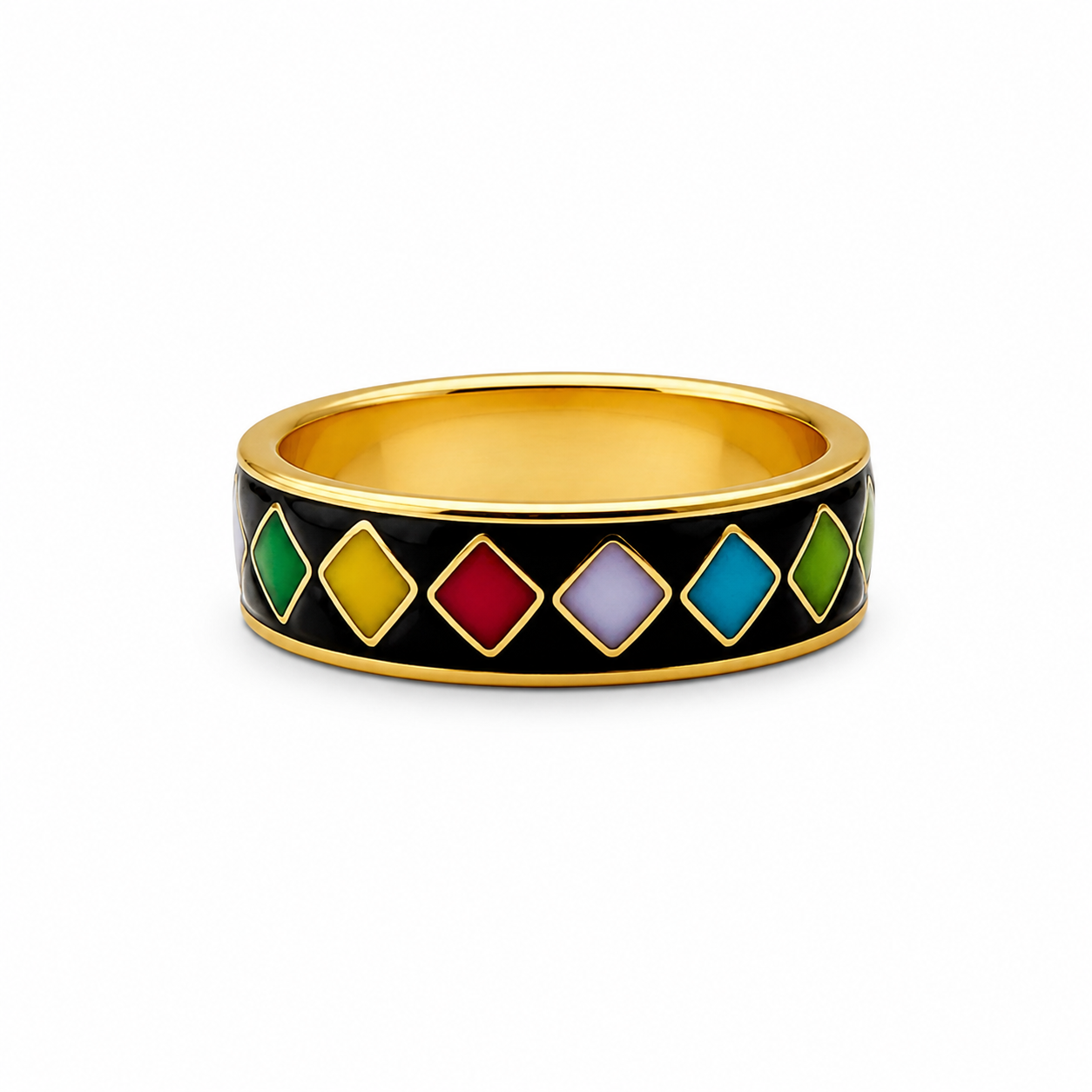 Multicolour Diamond Cloisonné Wide Ring with Gold-Tone Detailing