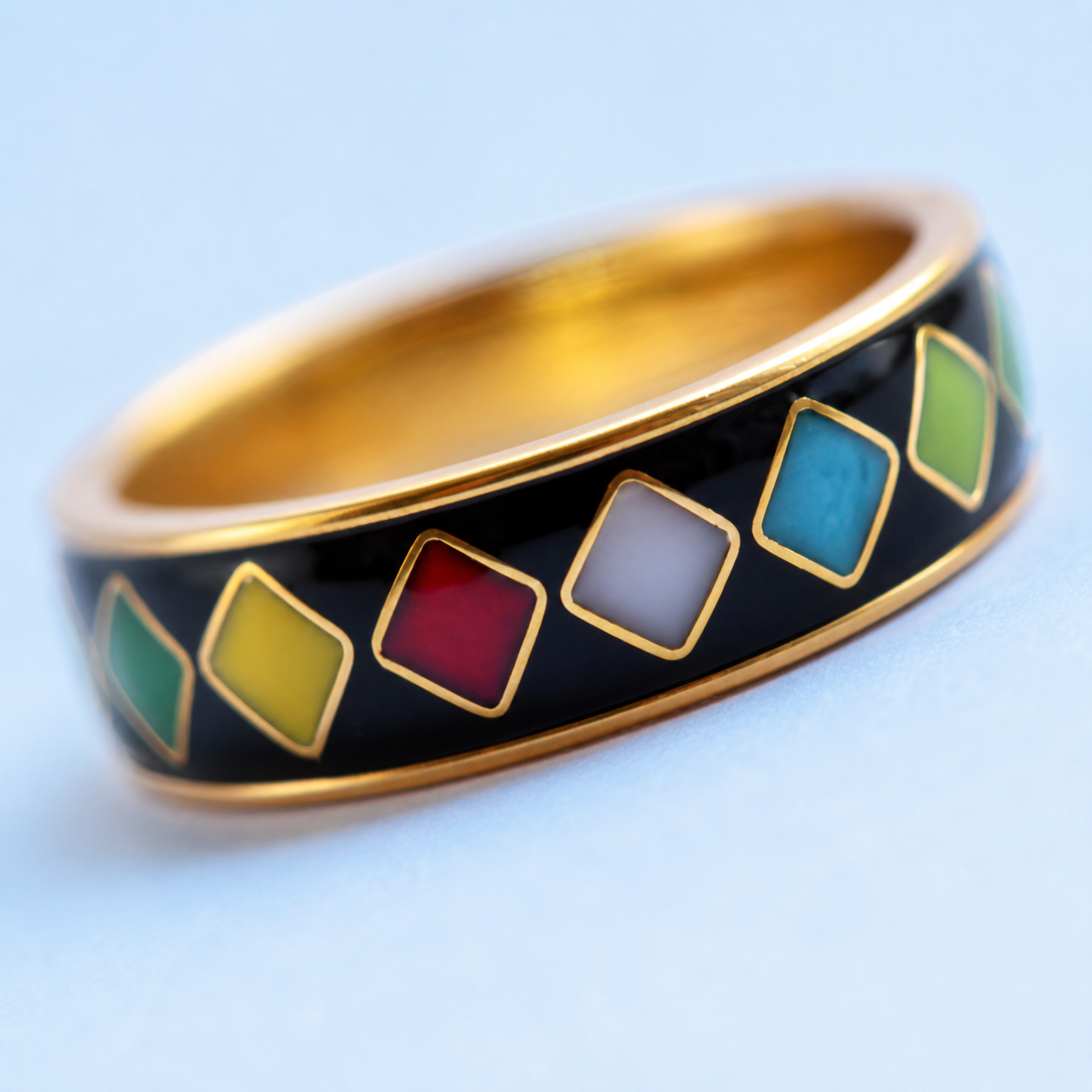 Multicolour Diamond Cloisonné Wide Ring with Gold-Tone Detailing