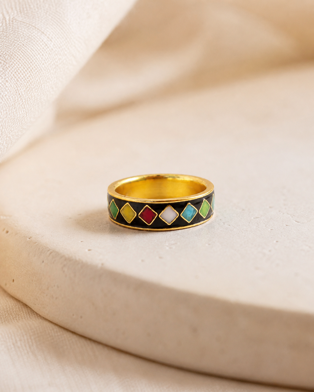 Multicolour Diamond Cloisonné Wide Ring with Gold-Tone Detailing