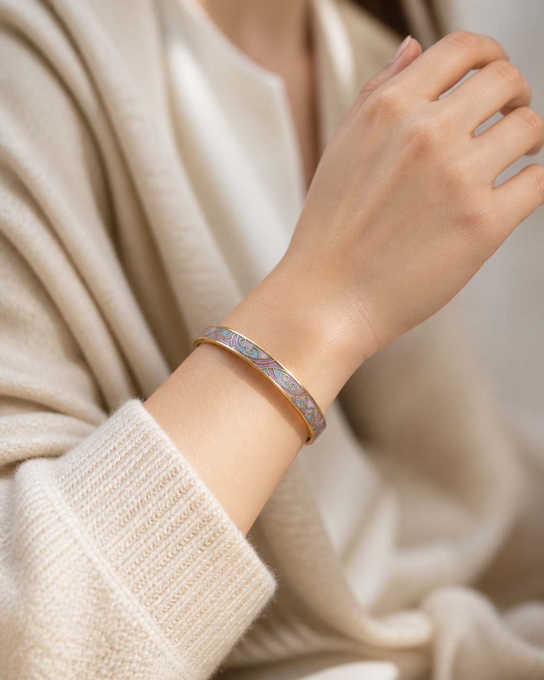 Pastel Pink & Blue Cloud Cloisonné Slim Bangle with Gold-Tone Detailing