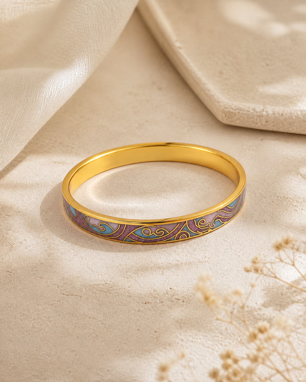 Pastel Pink & Blue Cloud Cloisonné Slim Bangle with Gold-Tone Detailing