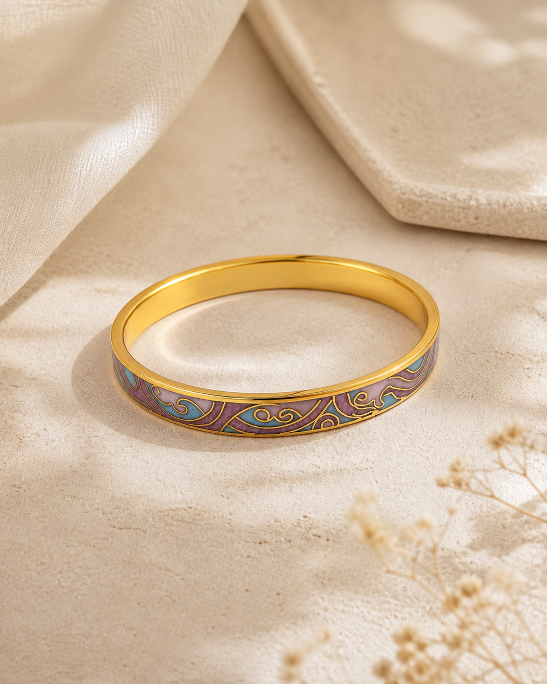 Pastel Pink & Blue Cloud Cloisonné Slim Bangle with Gold-Tone Detailing