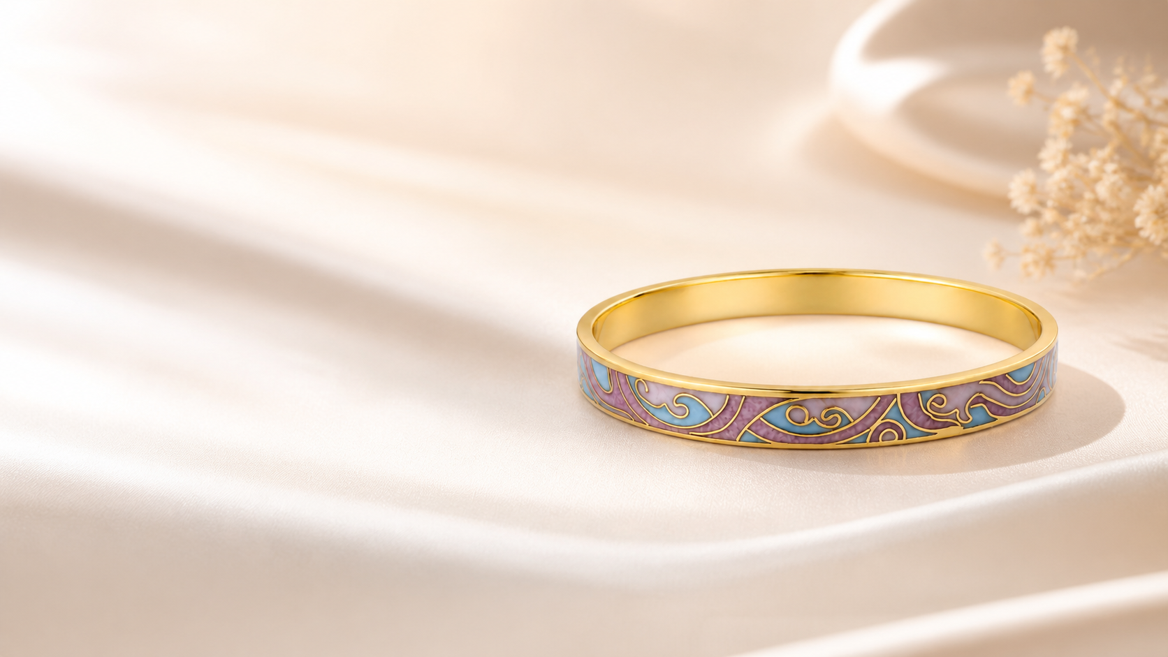 Pastel Pink & Blue Cloud Cloisonné Slim Bangle with Gold-Tone Detailing