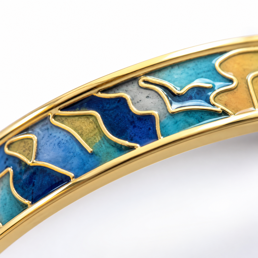 Blue & Gold Abstract Landscape Cloisonné Slim Bangle