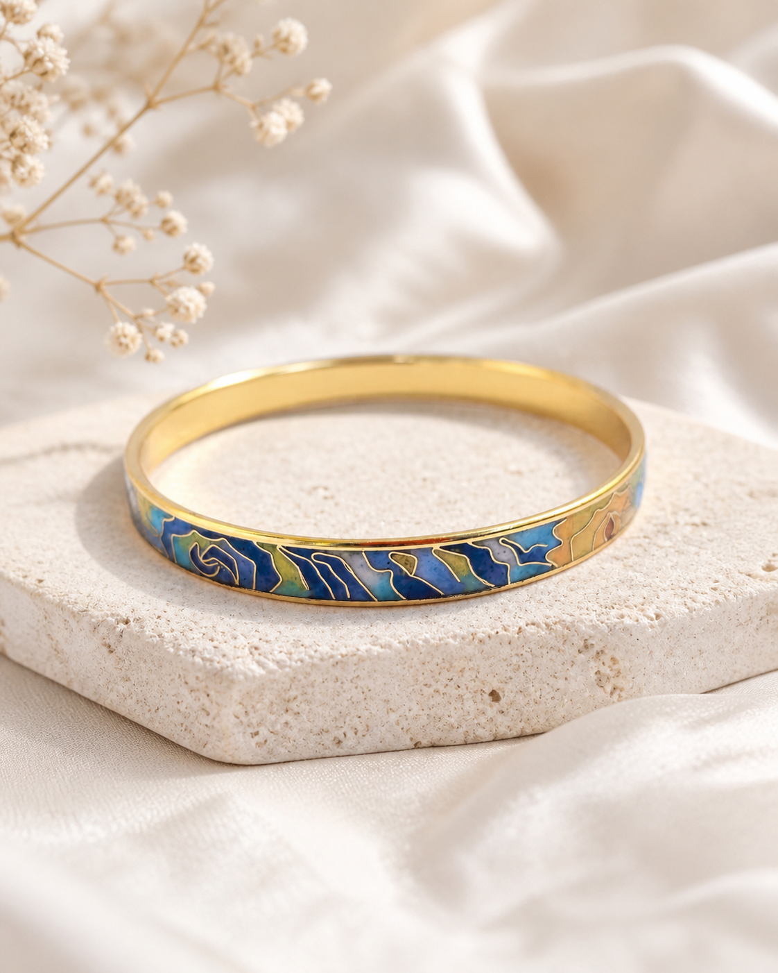 Blue & Gold Abstract Landscape Cloisonné Slim Bangle