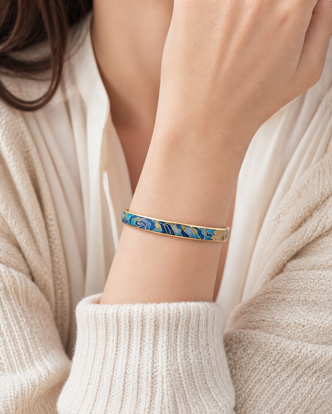 Blue & Gold Abstract Landscape Cloisonné Slim Bangle