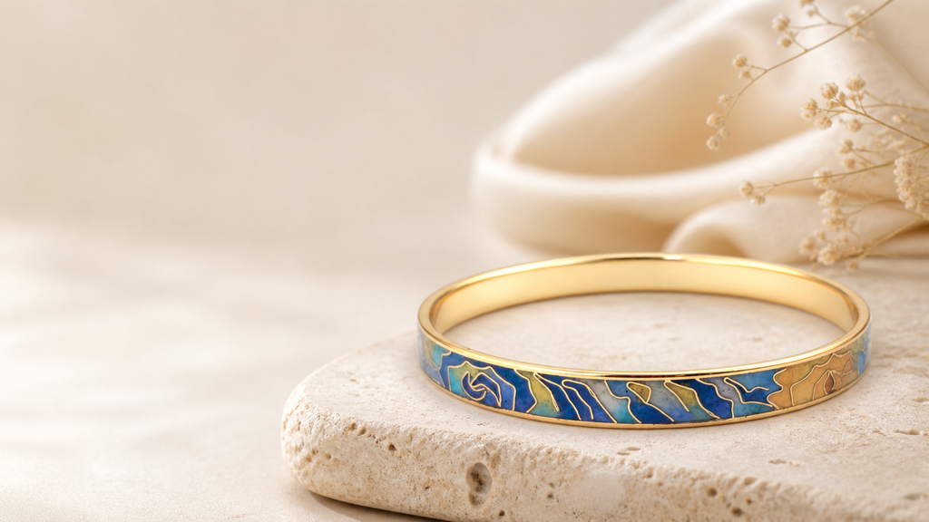 Blue & Gold Abstract Landscape Cloisonné Slim Bangle