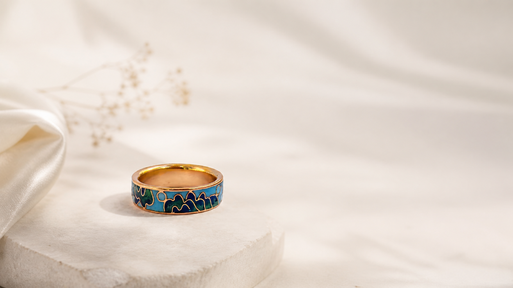 Blue & Green Mountain Motif Cloisonné Ring