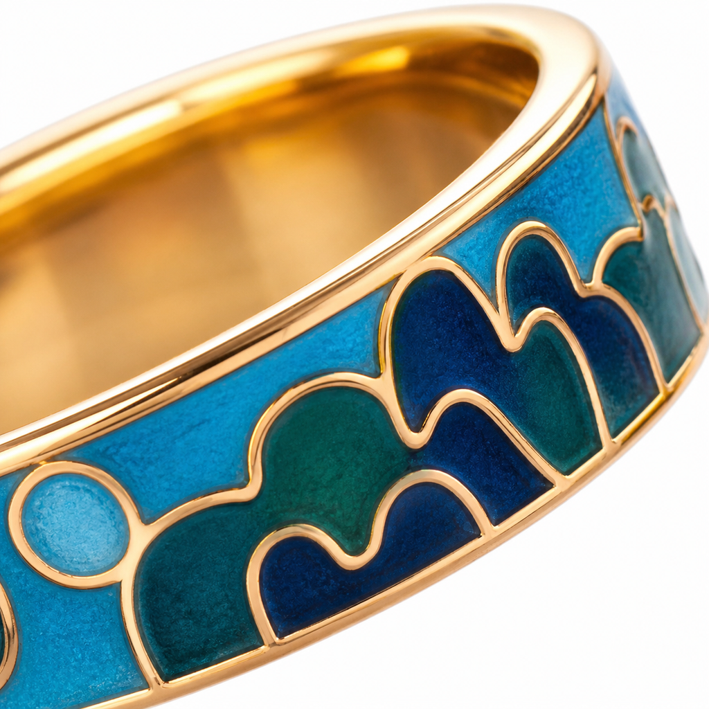 Blue & Green Mountain Motif Cloisonné Ring