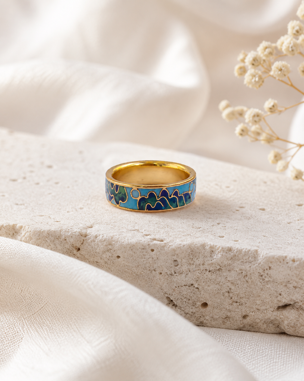 Blue & Green Mountain Motif Cloisonné Ring